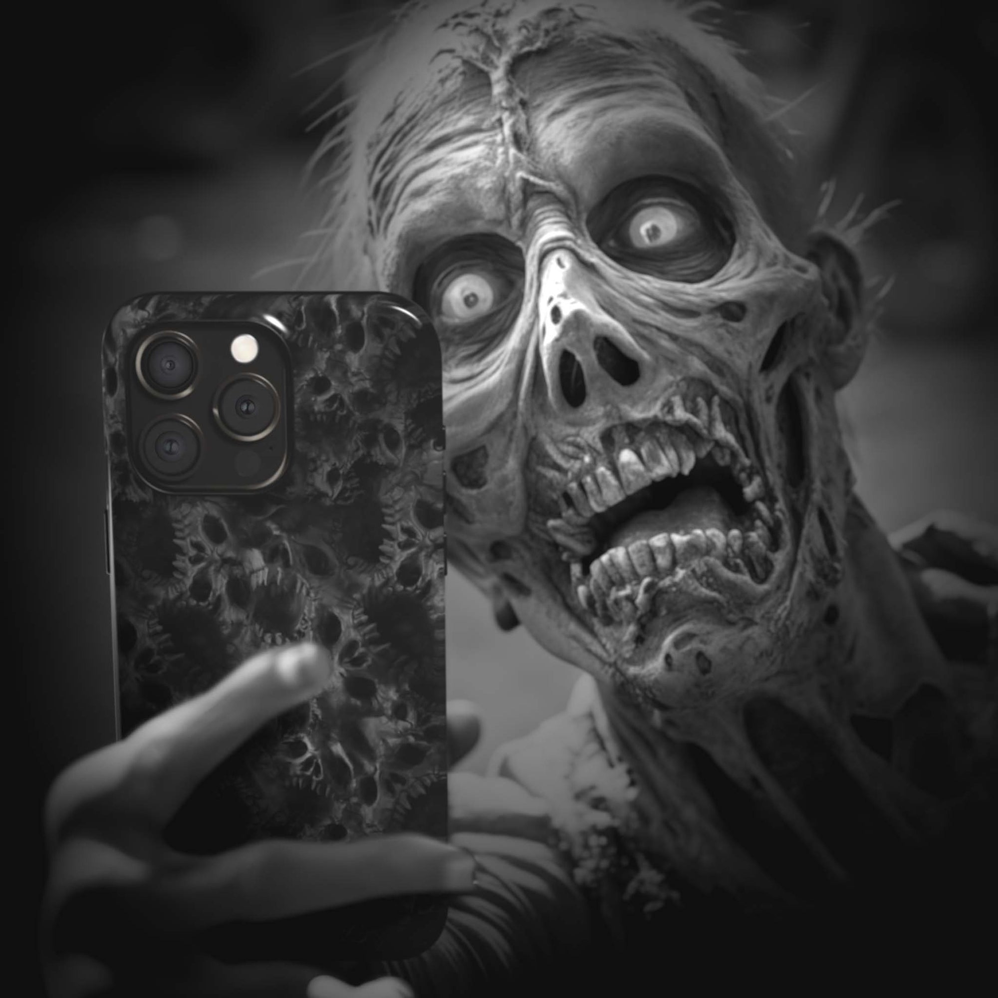 A zombie takes a selfie with a Wraith Monster Flesh phone case!  Available for iPhone, Samsung Galaxy, and Google Pixel devices.  Muhahaha! presents the perfect spooky, Halloween gift.  Every case has double layers for extra durability and protection while the clear, open ports stay out of your way when it comes to charging. Choose between matte or glossy finish. (pictured: iPhone 15 pro with a Wraith Monster Flesh phone case)