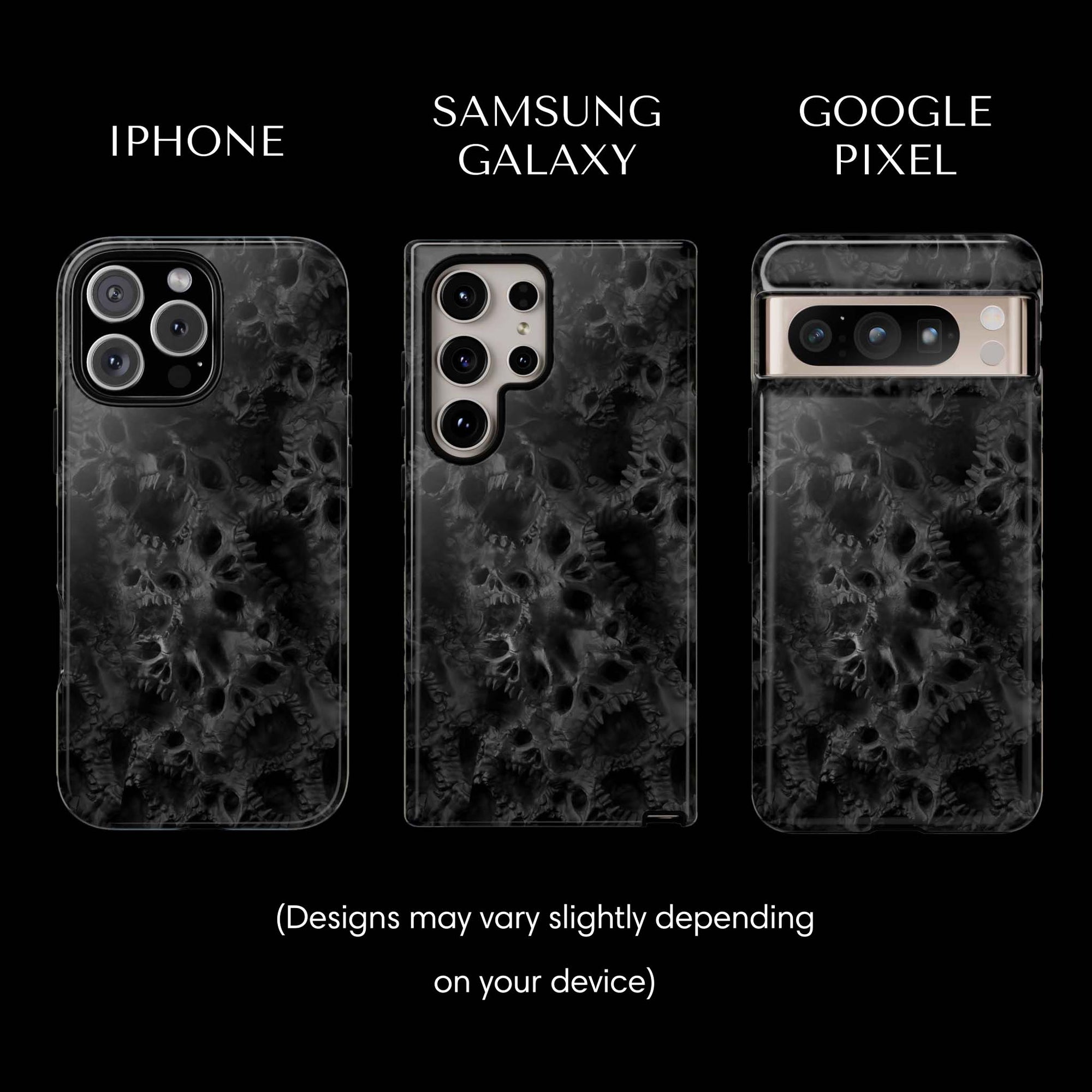 Wraith Monster Flesh Tough Phone cases from Muahaha!  Pictured: iPhone 16 Max, Samsung Galaxy S24 Ultra, Google Pixel 8 Pro.  Designs may vary slightly depending on your device.
