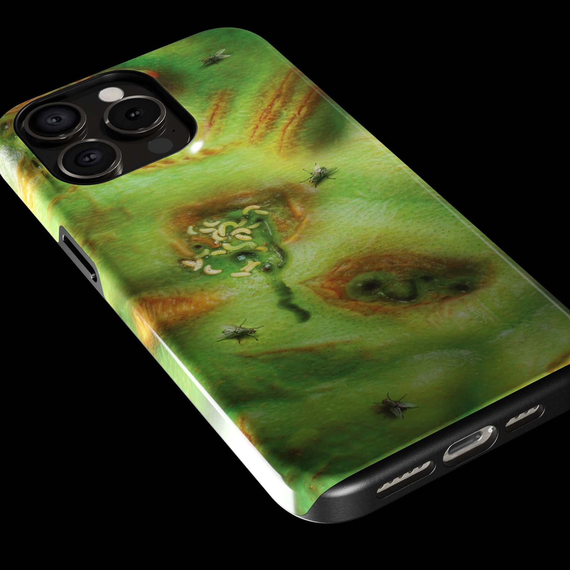 Zombie Monster Flesh phone case!  For iPhone, Samsung Galaxy, and Google Pixel devices.  Muhahaha! presents the perfect spooky, Halloween gift.  Every case has double layers for extra durability and protection while the clear, open ports stay out of your way when it comes to charging. Choose between matte or glossy finish. (pictured: iPhone 15 pro rocking a Zombie Monster Flesh phone case)