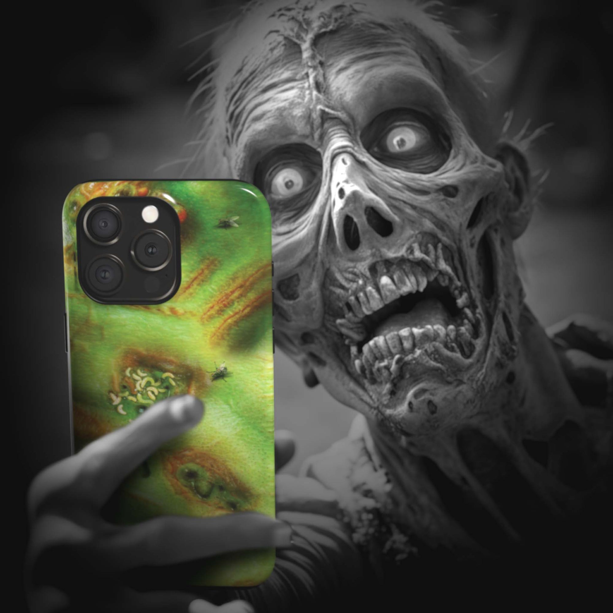A zombie takes a selfie with a Zombie Monster Flesh phone case!  Available for iPhone, Samsung Galaxy, and Google Pixel devices.  Muhahaha! presents the perfect spooky, Halloween gift.  Every case has double layers for extra durability and protection while the clear, open ports stay out of your way when it comes to charging. Choose between matte or glossy finish. (pictured: iPhone 15 pro with a Zombie Monster Flesh phone case)