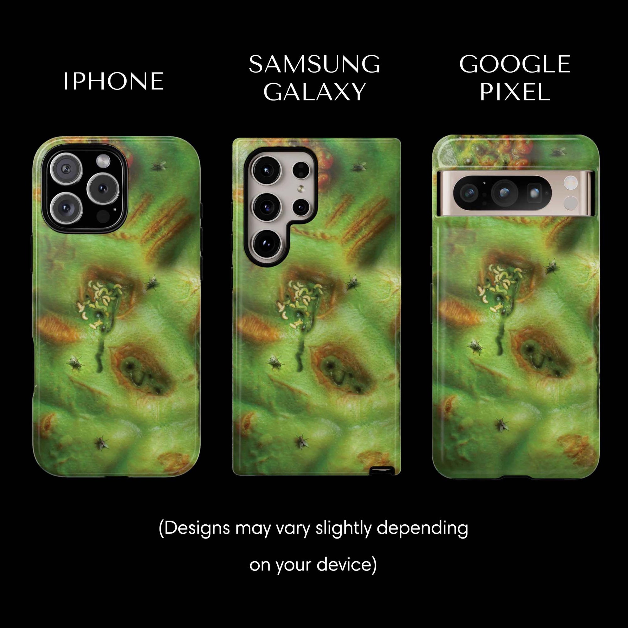 Zombie Monster Flesh Tough Phone cases from Muahaha!  Pictured: iPhone 16 Max, Samsung Galaxy S24 Ultra, Google Pixel 8 Pro.  Designs may vary slightly depending on your device.